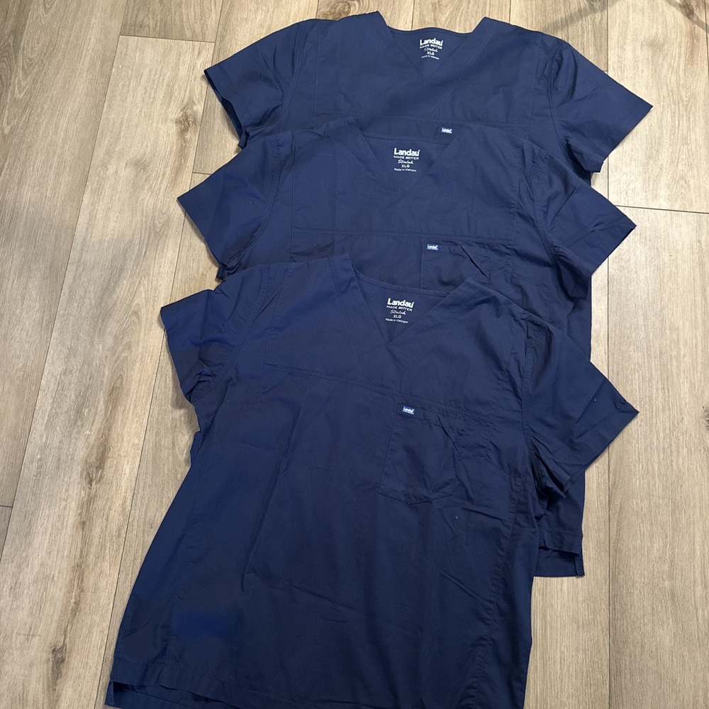 Landau Made‎ Better Men's Unisex Scrub Tops (3) Navy Blue Medical Stretch XLG